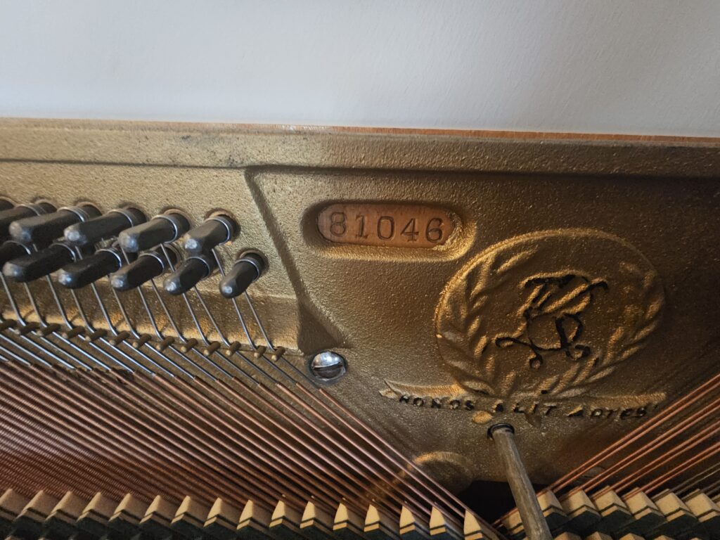 Close-up of the serial number on an Oscar Steinbach upright piano.