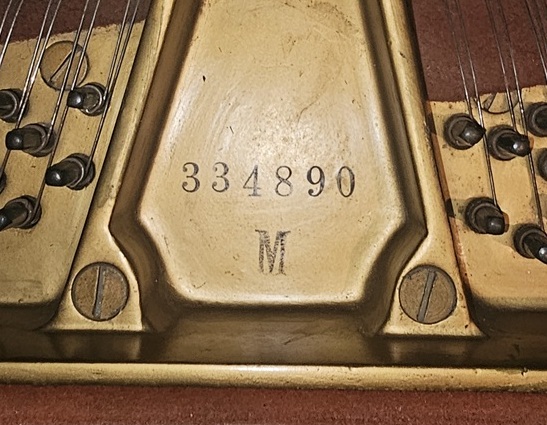 Close up of the serial number on a Steinway Model M grand piano.