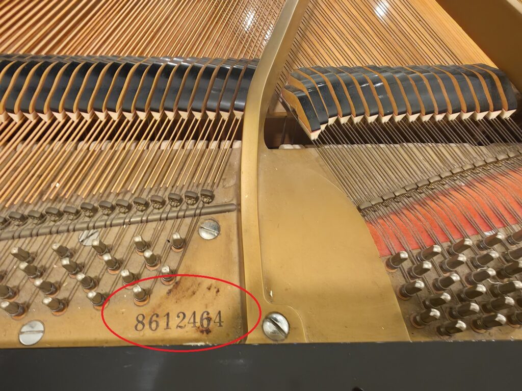 Close-up of a Hyundai grand piano serial number.