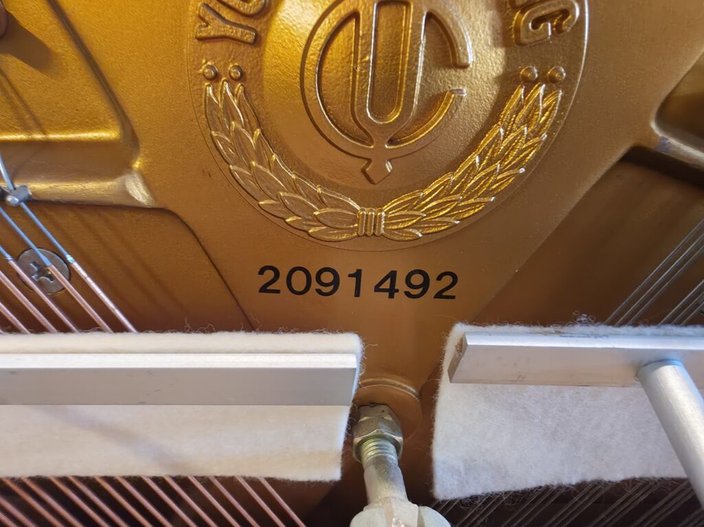 Close-up of the serial number on a Young Change studio upright piano.