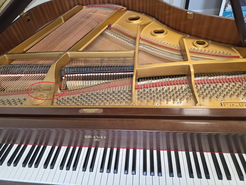 On this Weber grand, you can see that the serial number is located near the tuning pins.