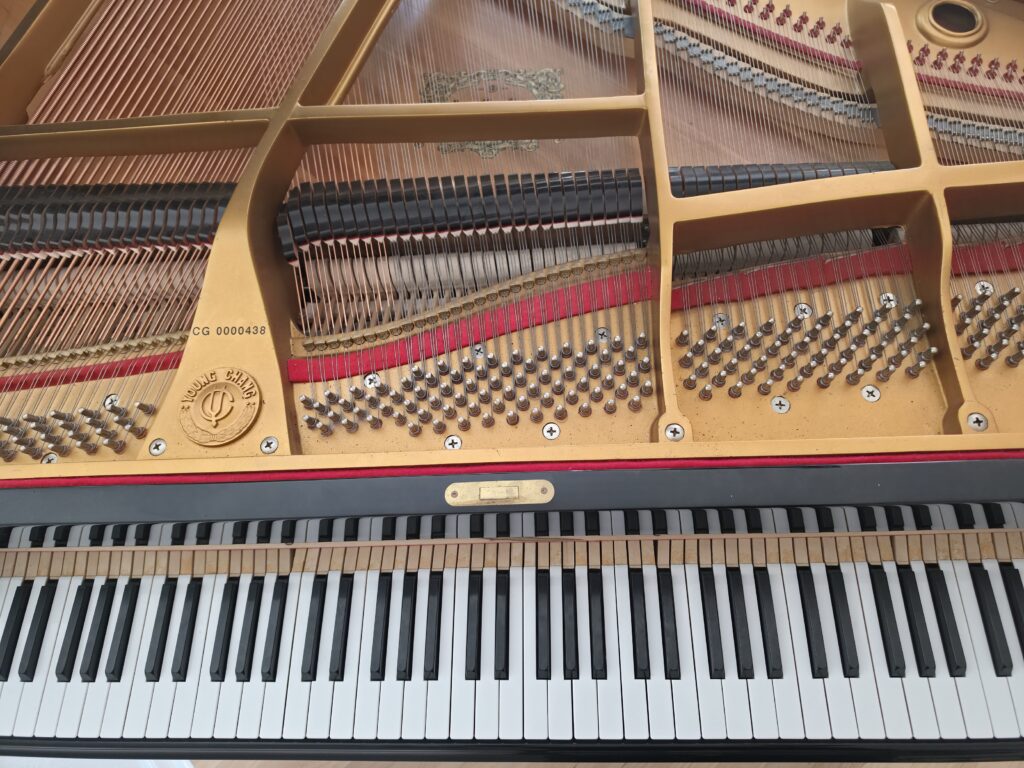 A Young Chang grand piano with the lid open, showing the serial number location.